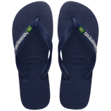 Kids' navy blue flip flop with Brazil flag, top view