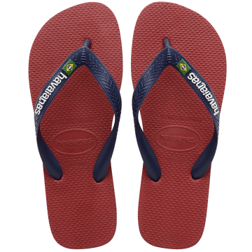 Kids' maroon flip flop with navy straps, top view