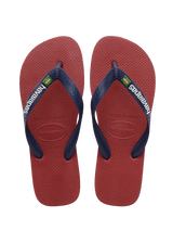 Kids' maroon flip flop with navy straps, top view