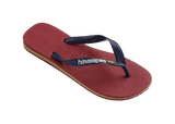 Kids' maroon flip flop with navy straps, right 3/4 view