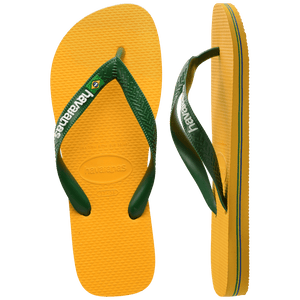 yellow flip flops with green straps, with a small brazil flag and havaianas written in white on the strap, one top view one side view