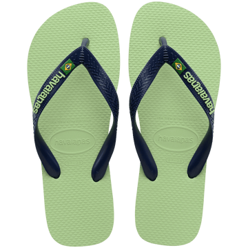 Women's light green flip flop with navy straps featuring Brazil flag detail front view