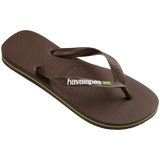 brown flip flops with havaianas written in white on the straps and a Brazil flag, front right view