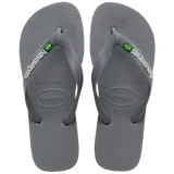 Kids' grey flip flop with Brazil flag detail on the strap, top view
