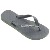 Kids' grey flip flop with Brazil flag detail on the strap, right 3/4 view