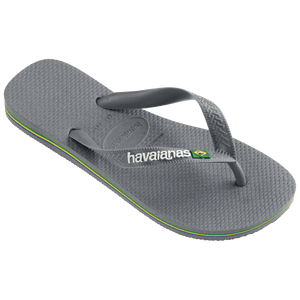 Kids' grey flip flop with Brazil flag detail on the strap, right 3/4 view