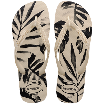 Men's off white and black palm print flip flops top view