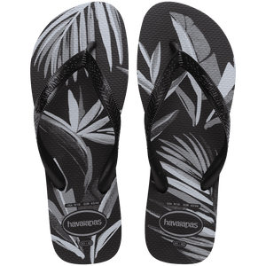 A pair of men's Aloha flip flops with a tropical-themed print in black and white.