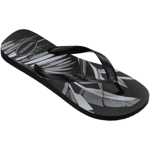 Single, right side angled, men's Aloha flip flops with a tropical-themed print in black and white.