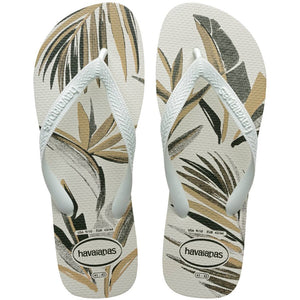 Pair of Havaianas flip flops with black and gold leaf pattern on a white background