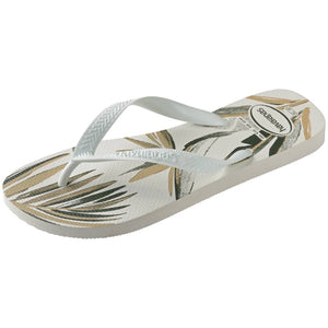 Single, left side, Havaianas flip flop sandal with leaf pattern on a white background