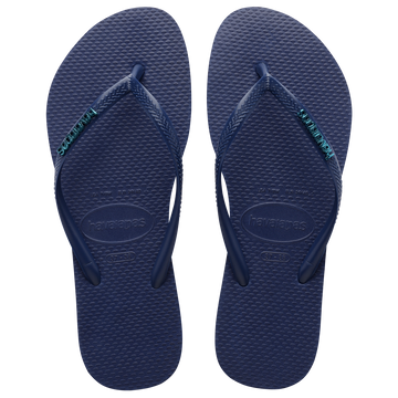 Women's slim navy flip flop with metallic logo on strap top view