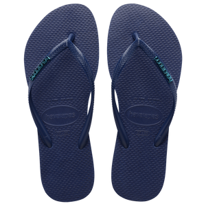 Women's slim navy flip flop with metallic logo on strap top view