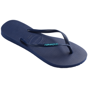 Women's slim navy flip flop with metallic logo on strap 3/4 view