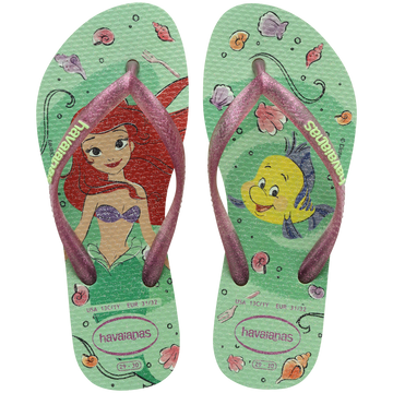 Green Disney's The Little Mermaid flip flops with Ariel and Sebastian and glitter pink straps top view