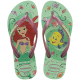Green Disney's The Little Mermaid flip flops with Ariel and Sebastian and glitter pink straps top view