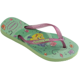 Green Disney's The Little Mermaid flip flops with Ariel and Sebastian and glitter pink straps right 3/4 view