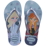 Kids' light blue Disney's Frozen Elsa and Anna flip flops with metallic blue strap top view