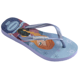 Kids' light blue Disney's Frozen Elsa and Anna flip flops with metallic blue strap 3/4 side view