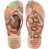 Disney princess Moana on a floral/nature neutral toned background with coconuts, hugging a pig, featuring metallic straps, top view