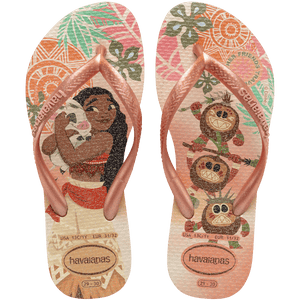 Disney princess Moana on a floral/nature neutral toned background with coconuts, hugging a pig, featuring metallic straps, top view