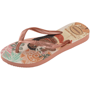 Disney princess Moana on a floral/nature neutral toned background with coconuts, hugging a pig, featuring metallic straps, front right view