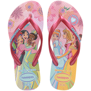 Disney princesses on a pink flip flop shoe with flowers, and metallic pink straps featuring 