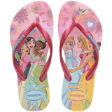 Disney princesses on a pink flip flop shoe with flowers, and metallic pink straps featuring "havaianas" written in light blue, top view