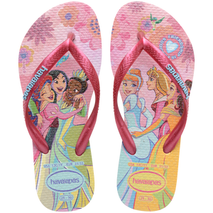 Disney princesses on a pink flip flop shoe with flowers, and metallic pink straps featuring "havaianas" written in light blue, top view