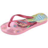Disney princesses on a pink flip flop shoe with flowers, and metallic pink straps featuring "havaianas" written in light blue, front right view