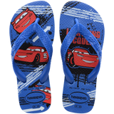 Kids' blue and red flip flops with Pixar's Cars print top view