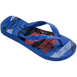 Kids' blue and red flip flops with Pixar's Cars print 3/4 side view