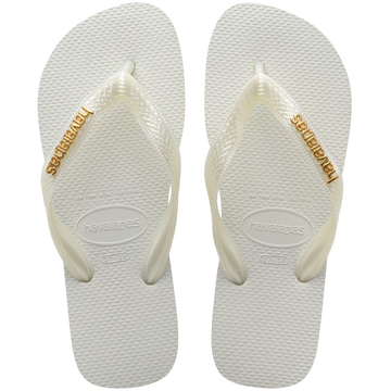 womens white top flip flops with a gold metallic havaianas logo on the strap top view