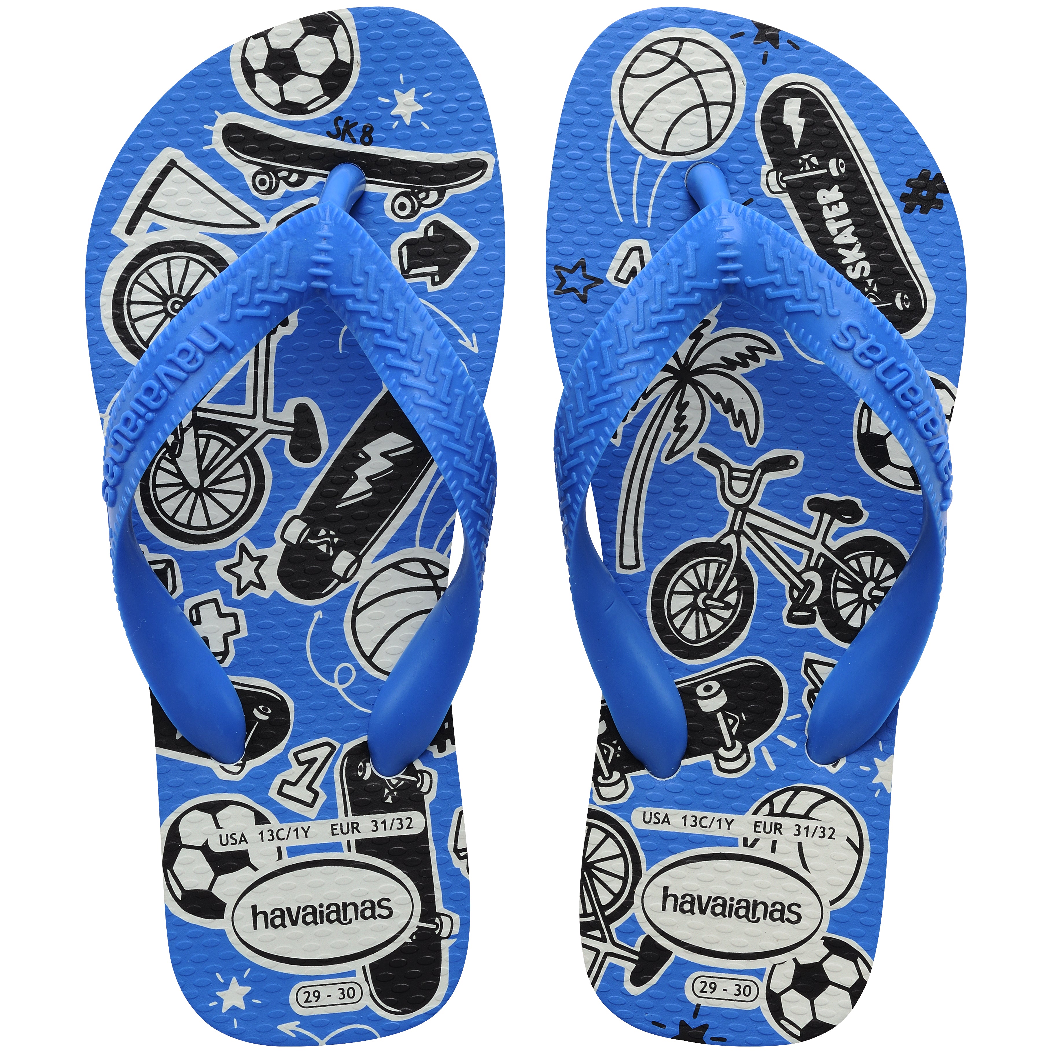 Blue Havaianas flip flops with sports-themed design on a white background