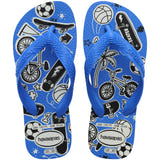 Blue Havaianas flip flops with sports-themed design on a white background