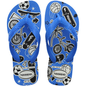 Blue Havaianas flip flops with sports-themed design on a white background