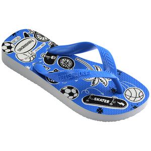 Single, right, blue Havaianas flip flop with sports-themed design on a white background