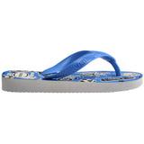 Side view, single, right, blue Havaianas flip flop with sports-themed design on a white background