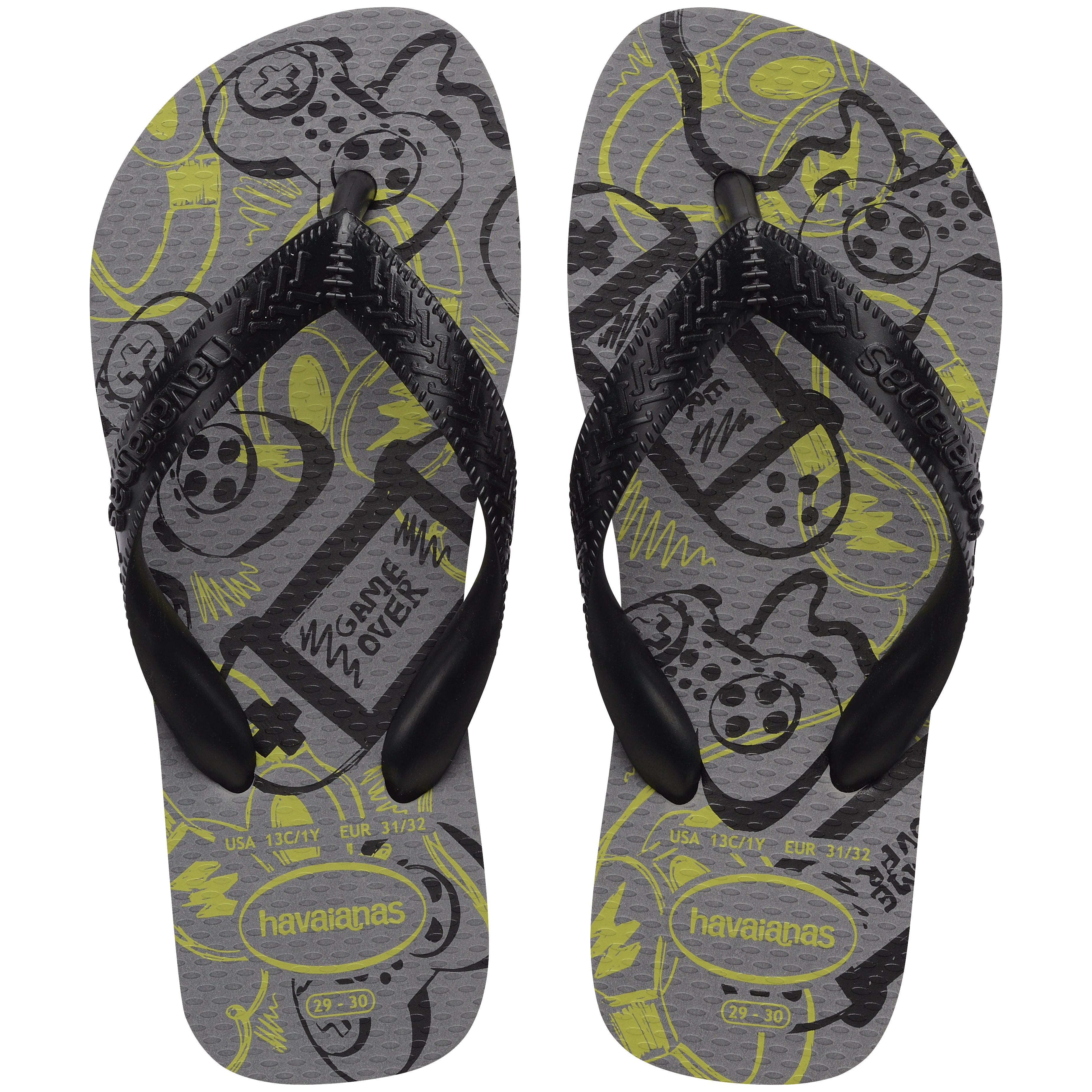 Pair of gray Havaianas flip flops with video game pattern, on a transparent background