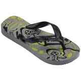 Single, right gray Havaianas flip flop with video game pattern, on a transparent background