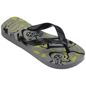 Single, right gray Havaianas flip flop with video game pattern, on a transparent background