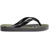 Side view, single, right gray Havaianas flip flop with video game pattern, on a transparent background