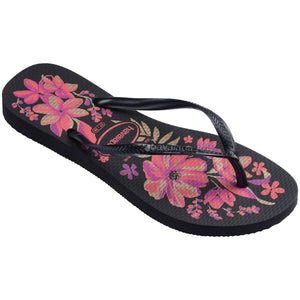 Single, right Havaianas flip flop with pink floral design on a white background