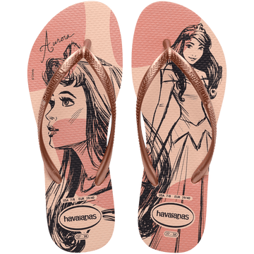 pink flip flops with Disney's princess Aurora sketched on them and rose/pink metallic straps top view