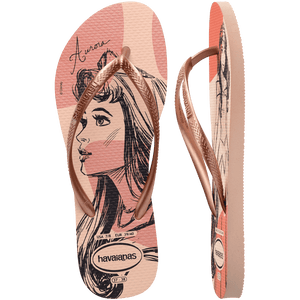 pink flip flops with Disney's princess Aurora sketched on them and rose/pink metallic straps, one top view one side view