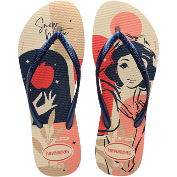 Women's Disney's Snow White cream, navy, red and tan flip flops with navy strap top view