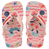 baby sandal with mickey and minnie mouse on pink background with sea creatures and a mickey mouse charm on the pink strap, top view