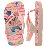 baby sandal with mickey and minnie mouse on pink background with sea creatures and a mickey mouse charm on the pink strap, left sandal top view, right sandal side view