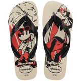Flip flops with mickey mouse and goofy in red, beige, and black with surf boards with a wave behind them, with black straps, top view