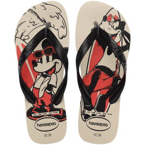 Flip flops with mickey mouse and goofy in red, beige, and black with surf boards with a wave behind them, with black straps, top view
